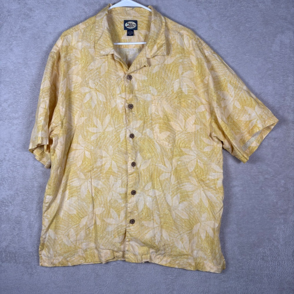 Tommy Bahama Shirt Mens XL Yellow Linen Tropical Leaf Print Camp Aloha Button Up
